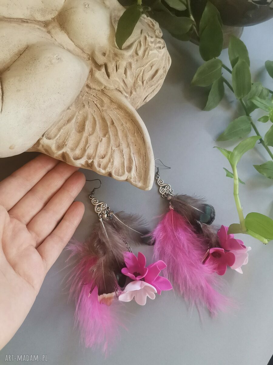 Kolczyki kwiaty pióra etno długie boho folk - Ruda Klara