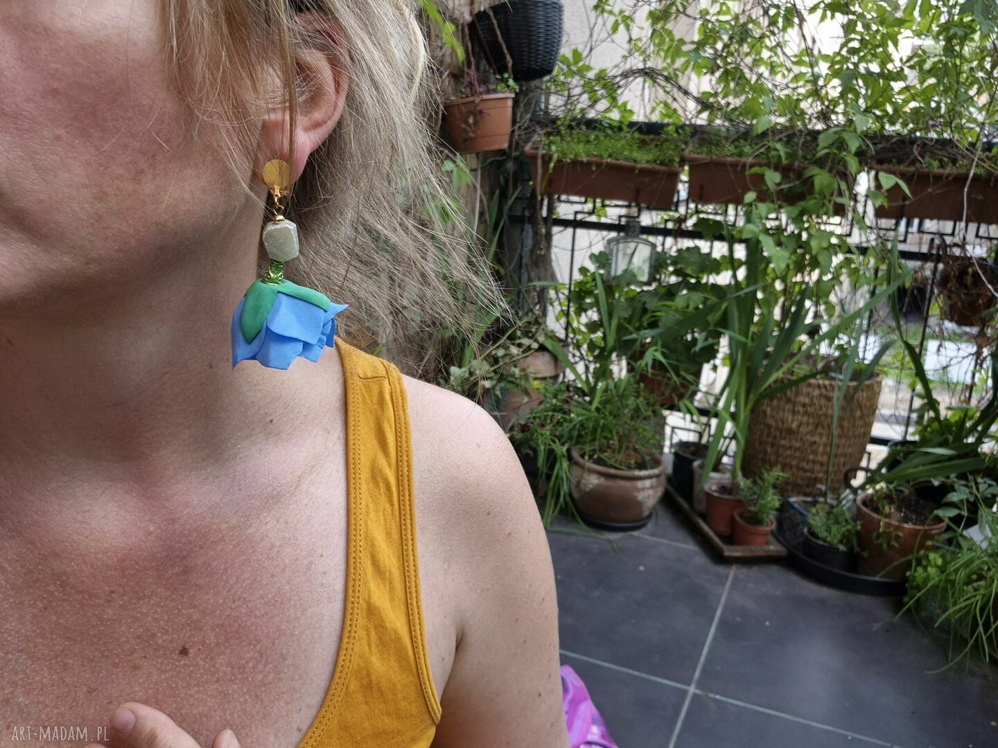 Klipsy Boho Frida: turkusowe kwiaty - ręcznie robione