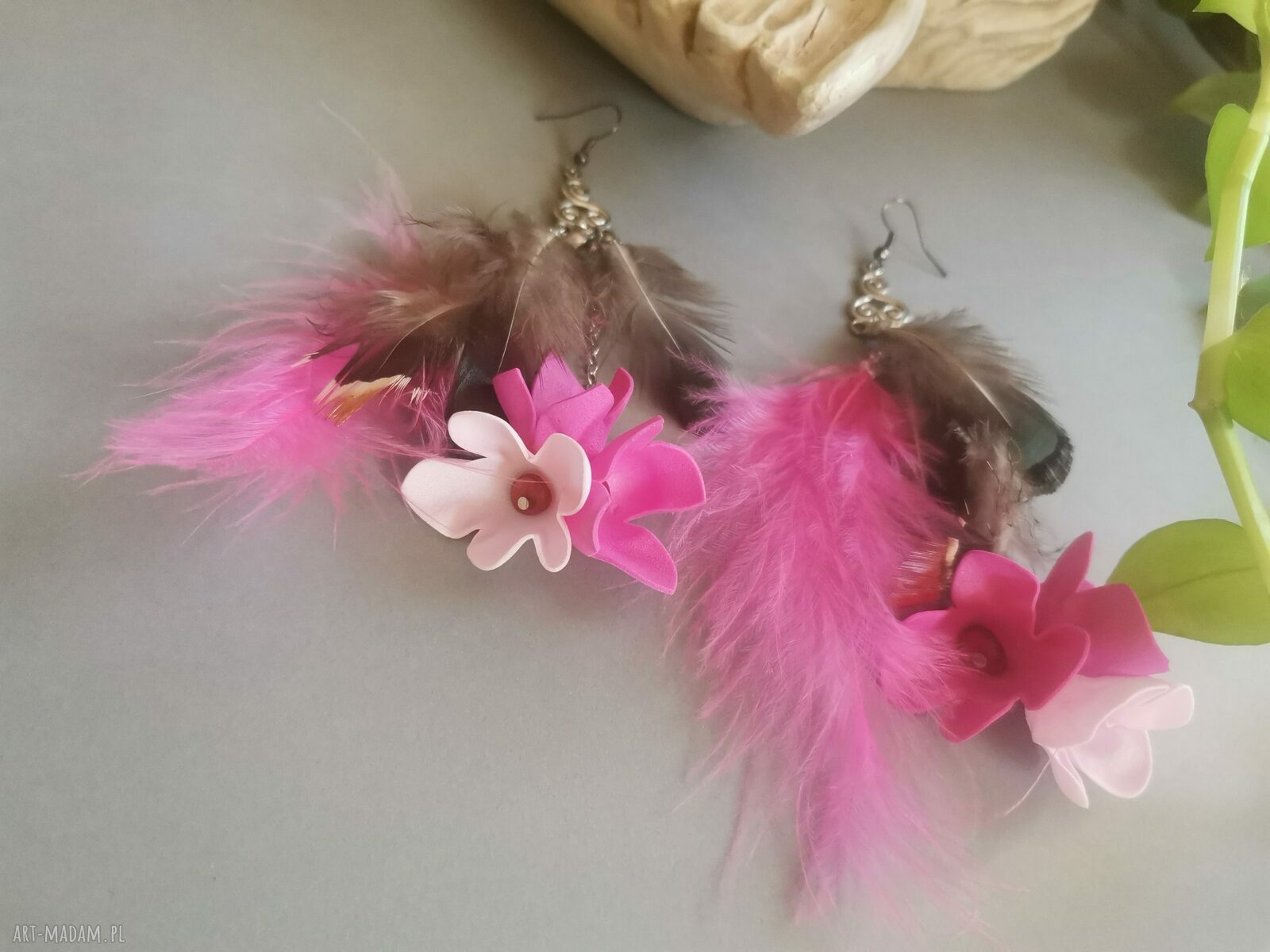 Kolczyki kwiaty pióra etno długie boho folk - Ruda Klara