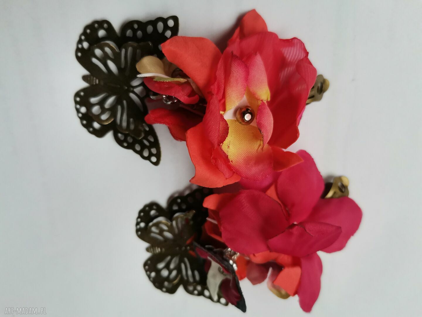 Duże, lekkie klipsy z kwiatami i motylami - boho handmade