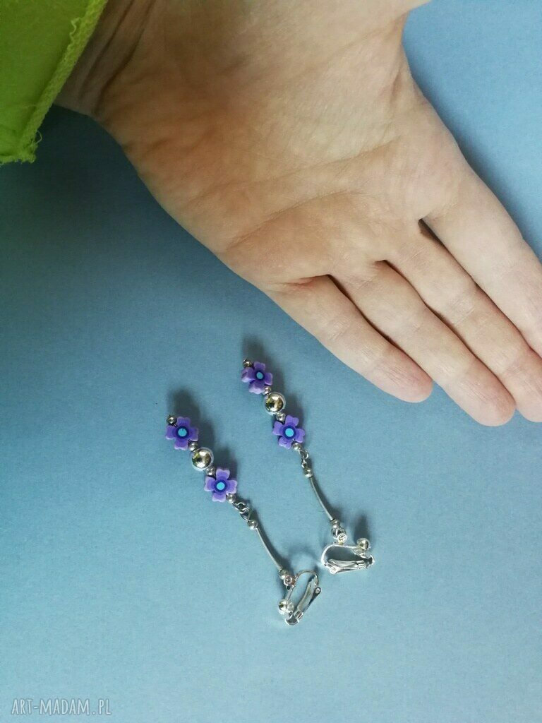 Fioletowe klipsy kwiaty wiszące boho - wyrazisty handmade