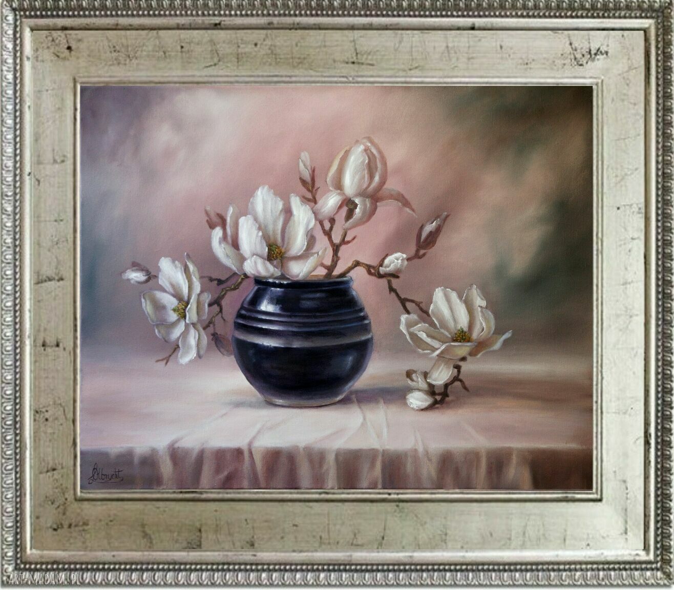 Obraz olejny Magnolia, bukiet w wazonie - ręcznie malowany 46x61 cm