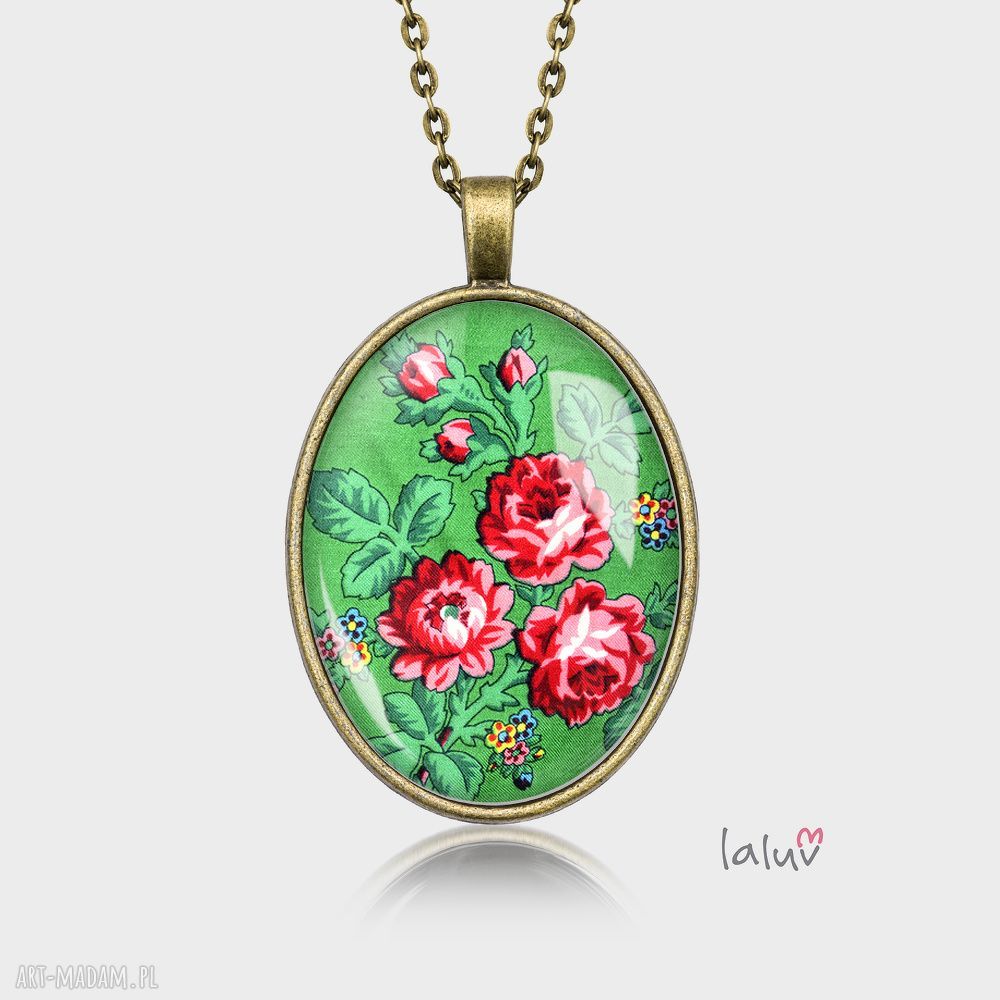 Medalion owalny GREEN ROSES - naszyjnik z zielonymi różami (handmade)