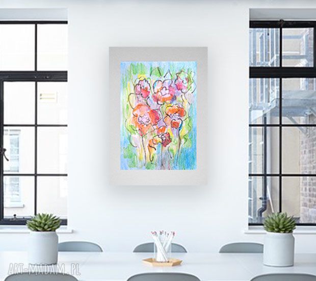 Kwiaty z łąki - ręcznie malowany rysunek akwarelowy boho 30x40