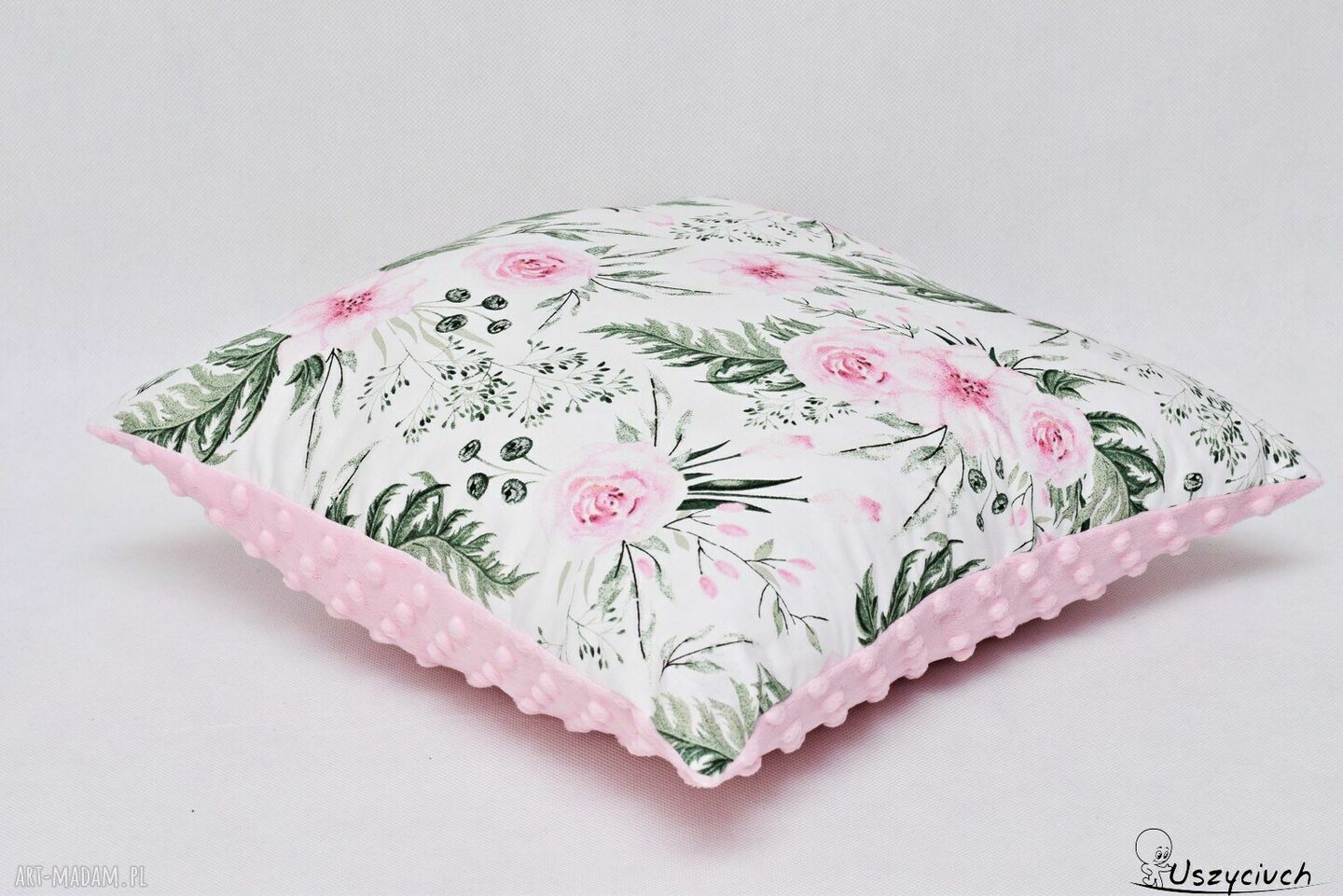 Ozdobna poduszka Kwiaty in Garden 40x40 - bawełna z przodem i miękki różowy minky z tyłu