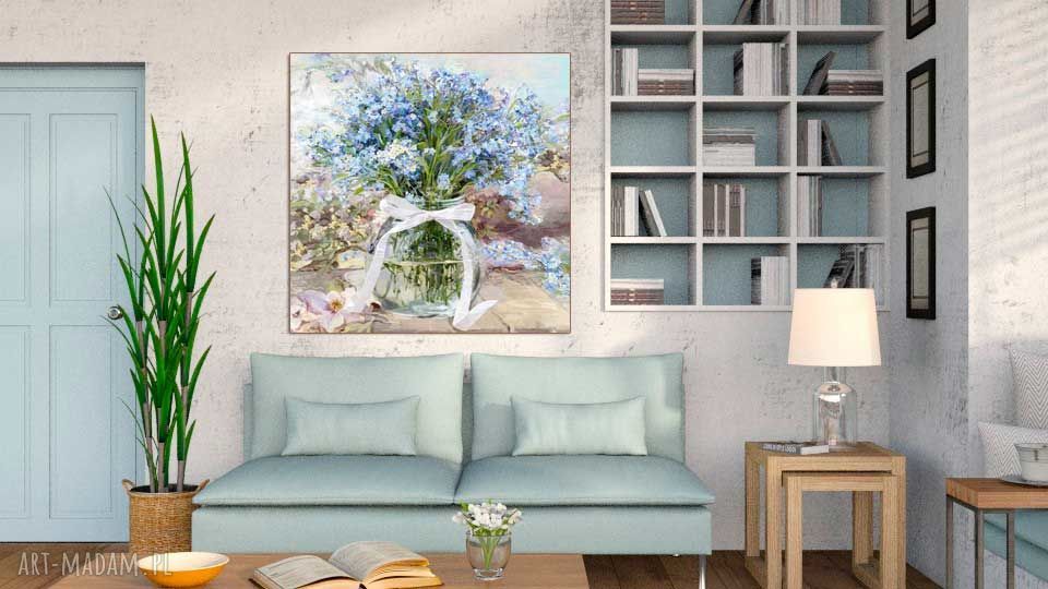 Niezapominajki w słoju - obraz na płótnie 60x60 cm