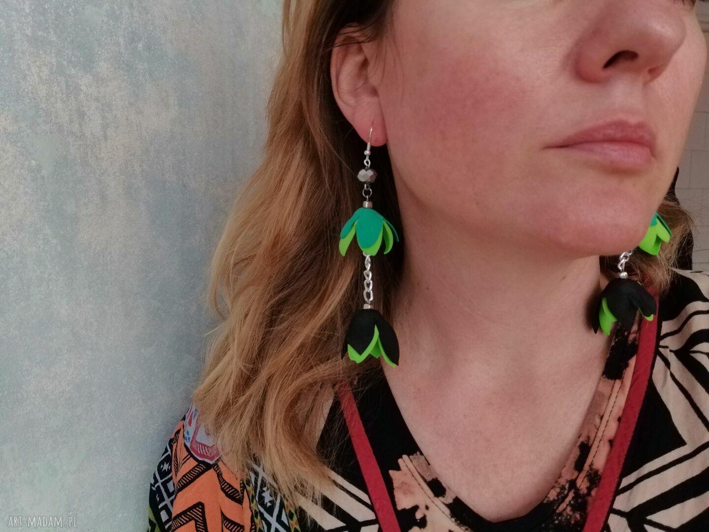 Kolczyki Kwiaty Zielone Długie Boho - Frida