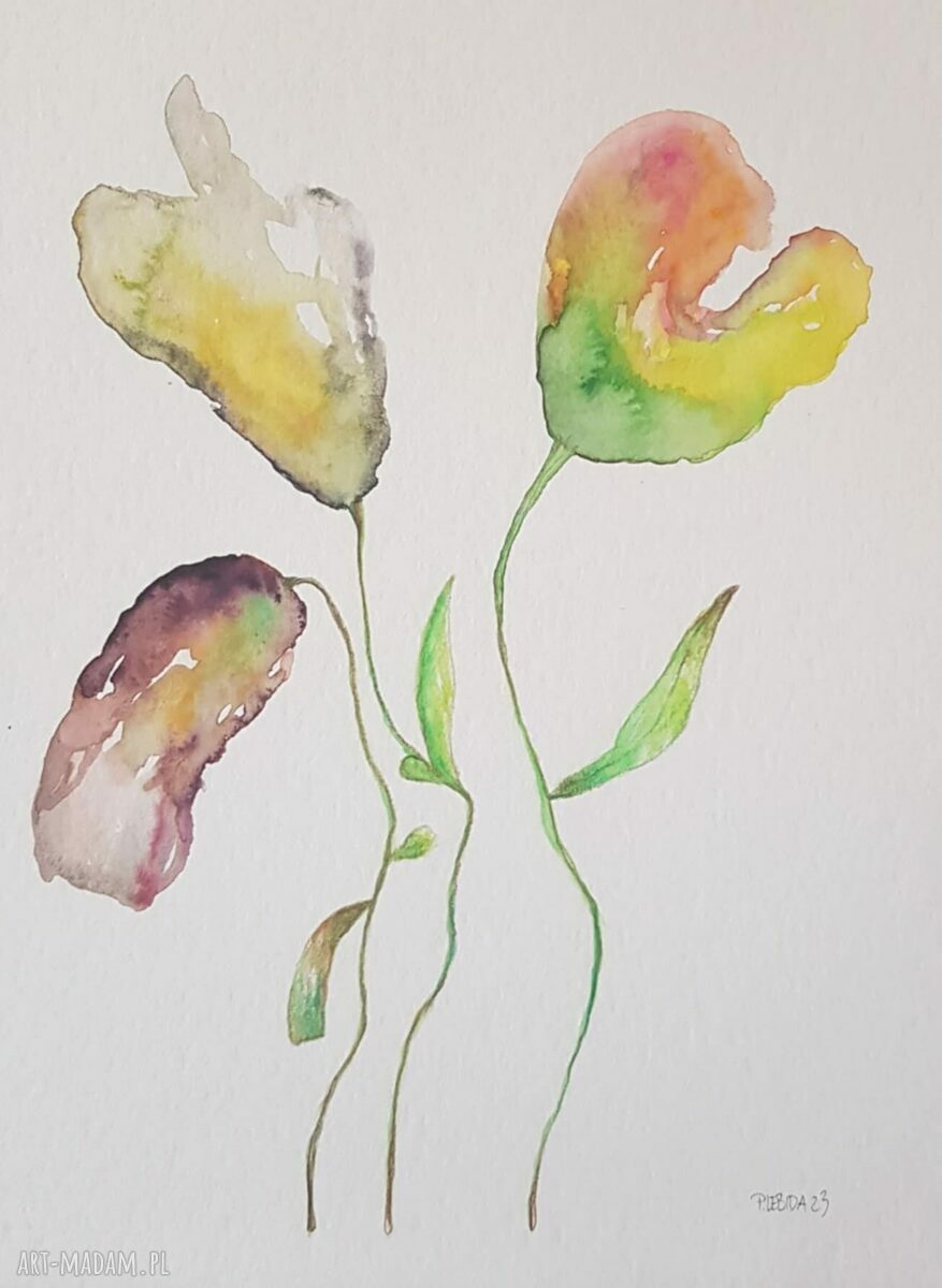 Trzy akwarele z kwiatami 32x24 cm - komplet sygnowany (bez oprawy)