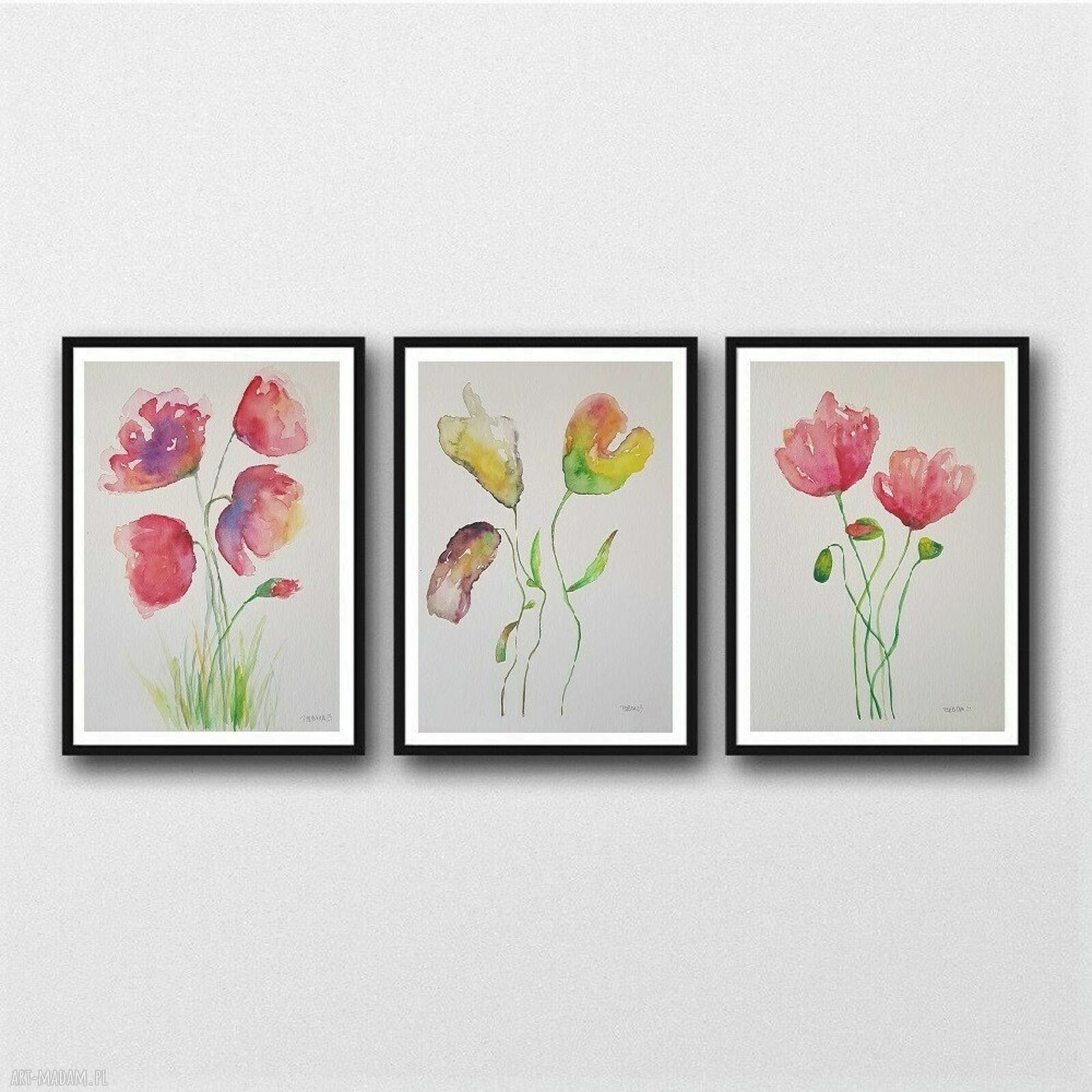 Trzy akwarele z kwiatami 32x24 cm - komplet sygnowany bez oprawy