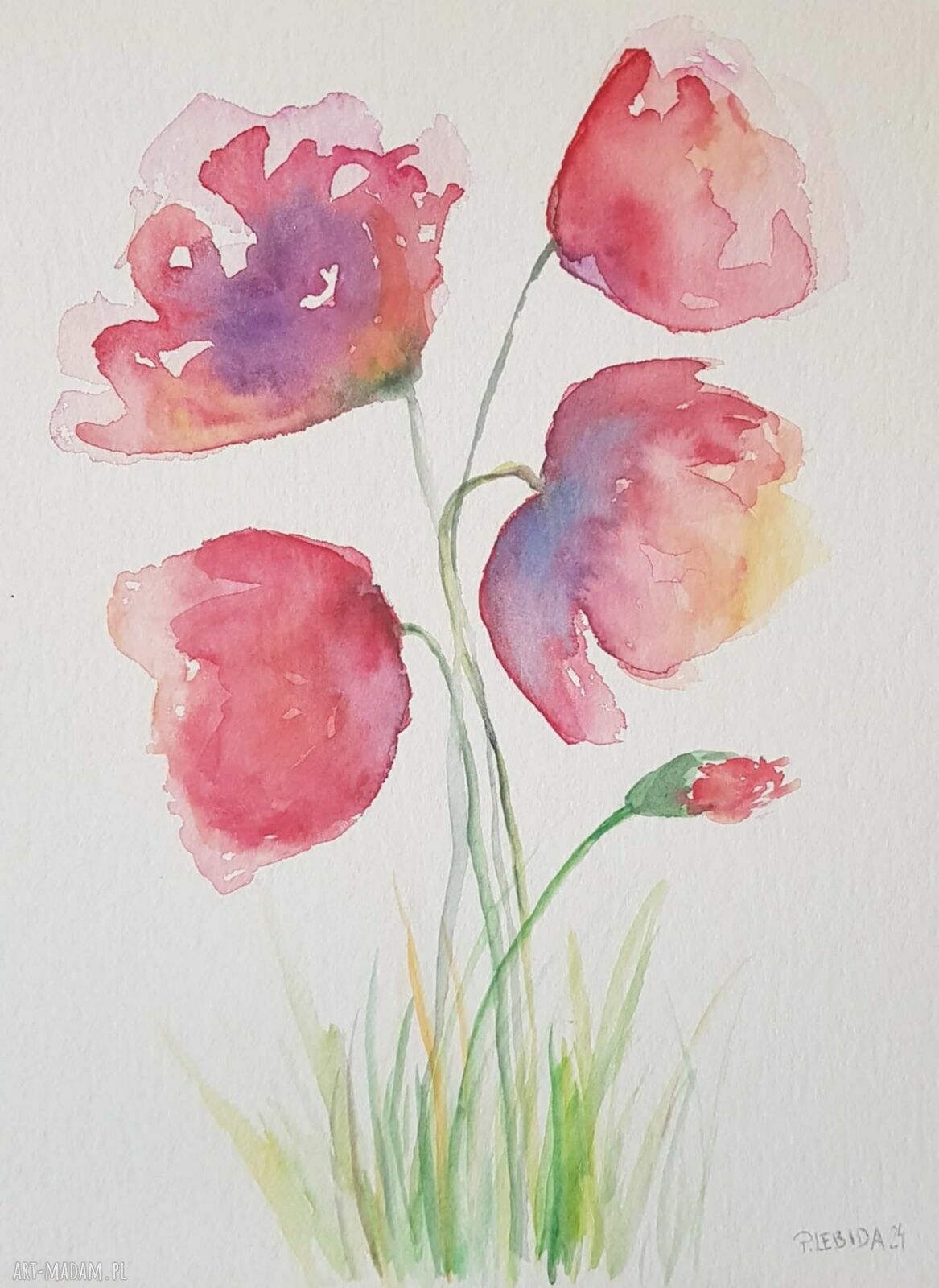 Trzy akwarele z kwiatami 32x24 cm - komplet sygnowany (bez oprawy)