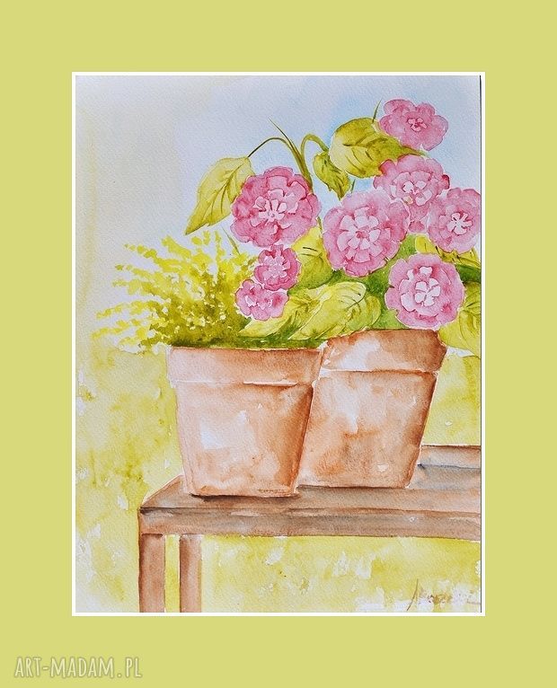 Kwiaty w doniczce 2 - akwarela ręcznie malowana (ok. 32x24 cm)