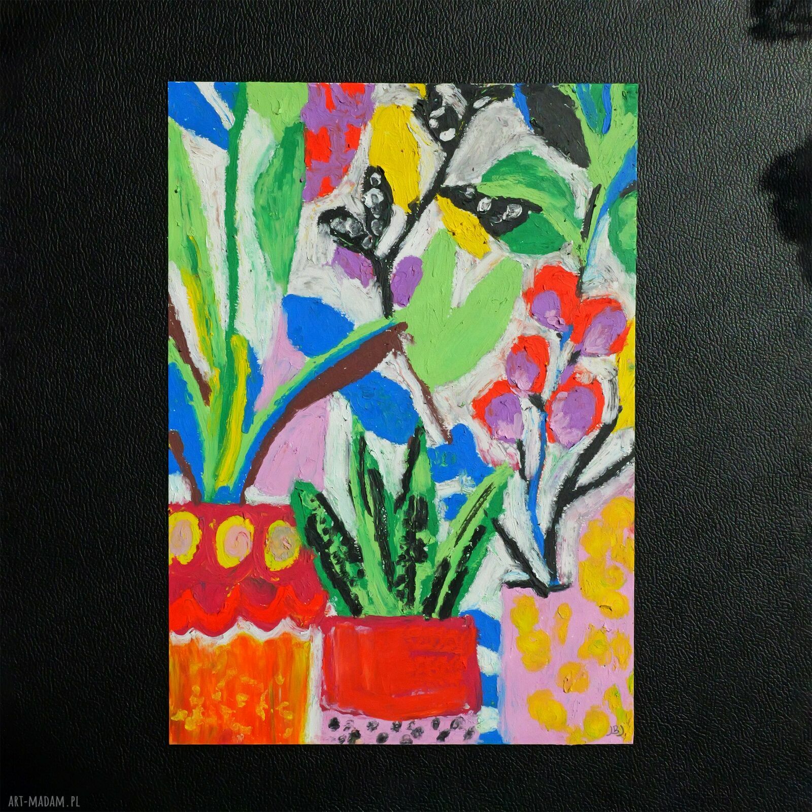 Kwiaty w doniczce - oryginalny obraz pastelą olejną A4