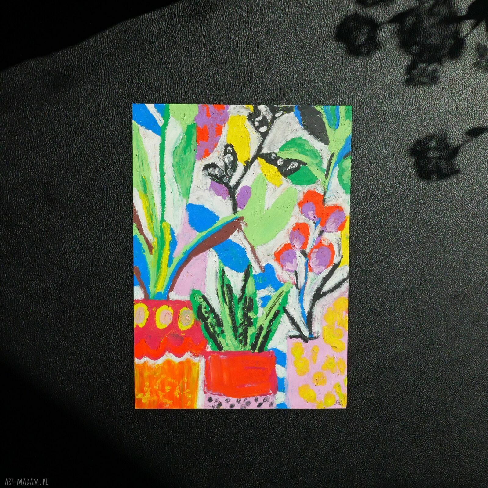 Kwiaty w doniczce - oryginalny obraz pastelą olejną A4