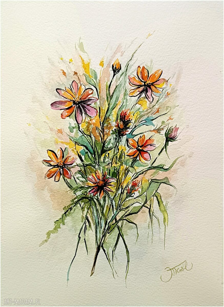 Kwiaty w wirze barw - akwarela 23 x 31 cm oryginał
