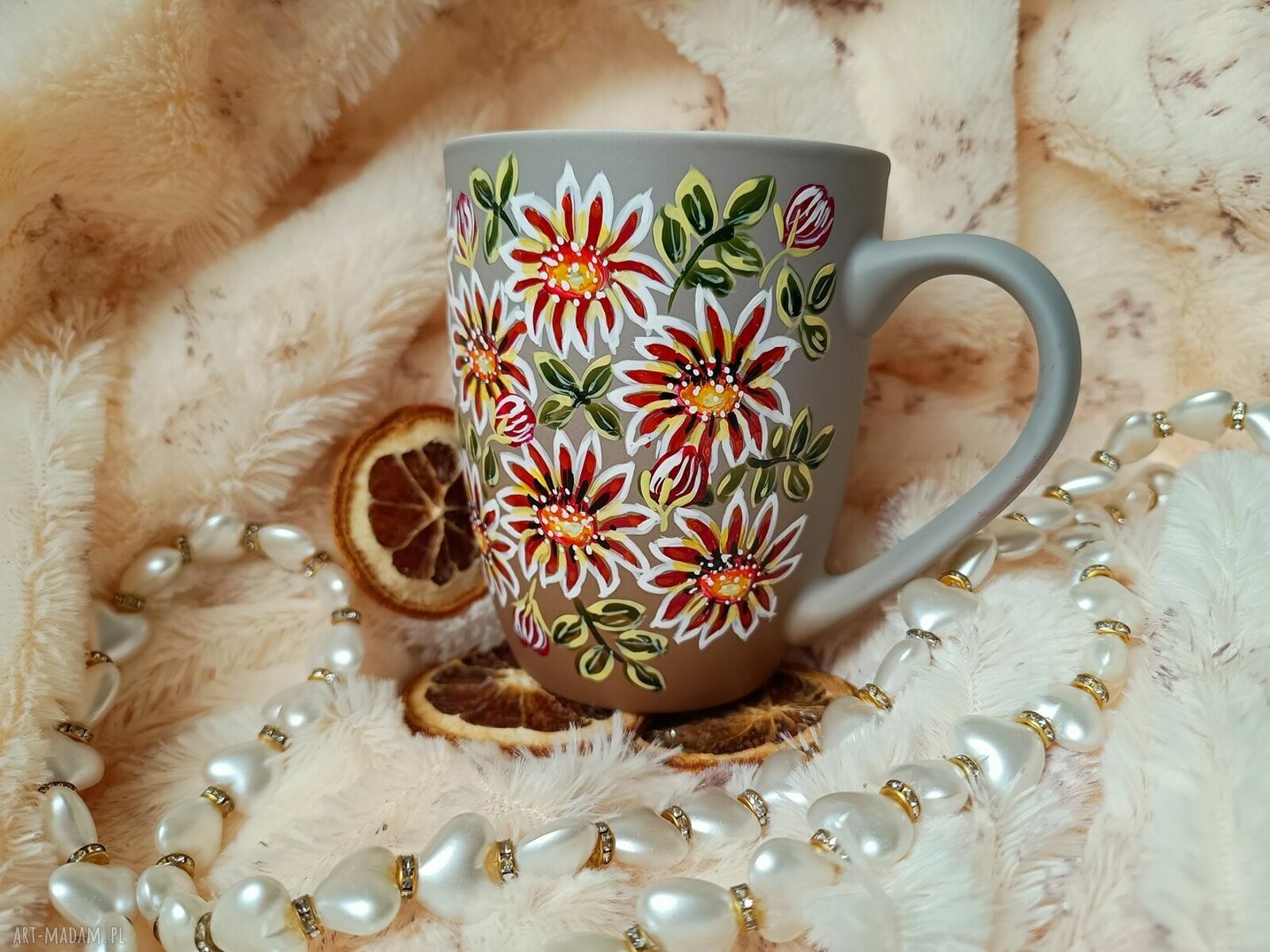 Kwiecisty kubek ręcznie malowany 300 ml - porcelana i kwitnące kwiaty