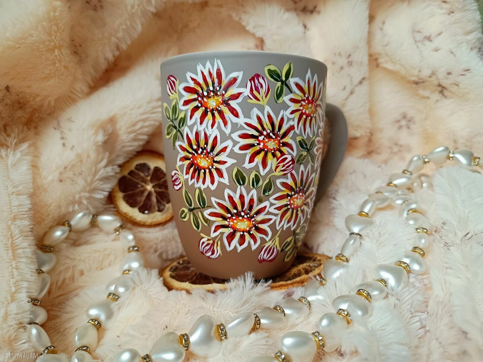 Kwiecisty kubek ręcznie malowany 300 ml - porcelana i kwitnące kwiaty
