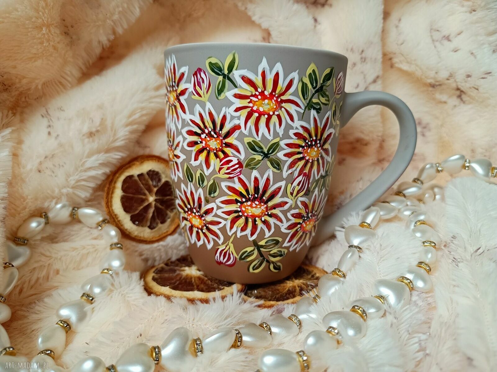 Kwiecisty kubek ręcznie malowany 300 ml - porcelana i kwitnące kwiaty