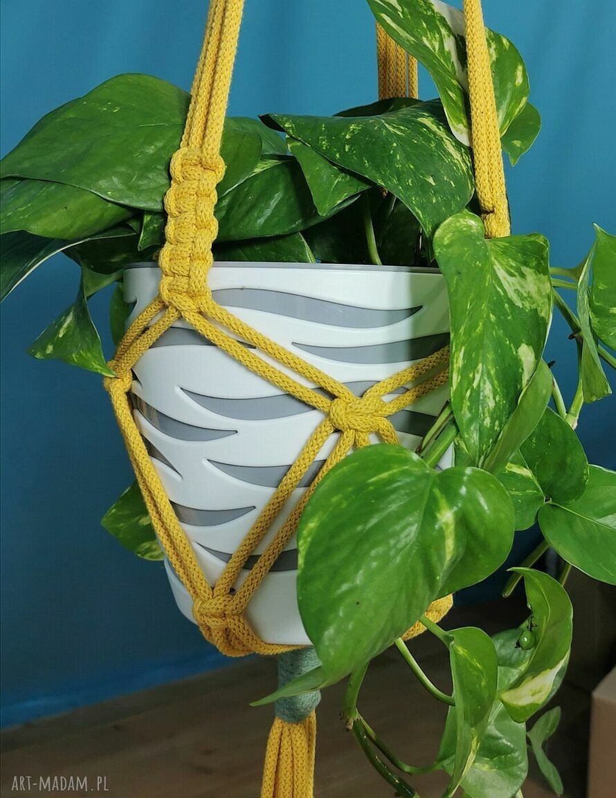 Kwietnik wiszący z makramy Mkr 6 Shiraja - 110 cm, żółty i laurowy