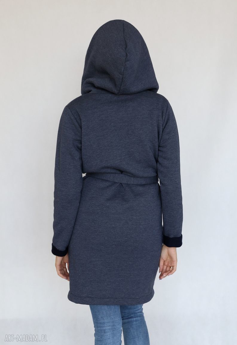 Jeansowy płaszcz z kapturem oversize L-XL - handmade z bawełny 100%