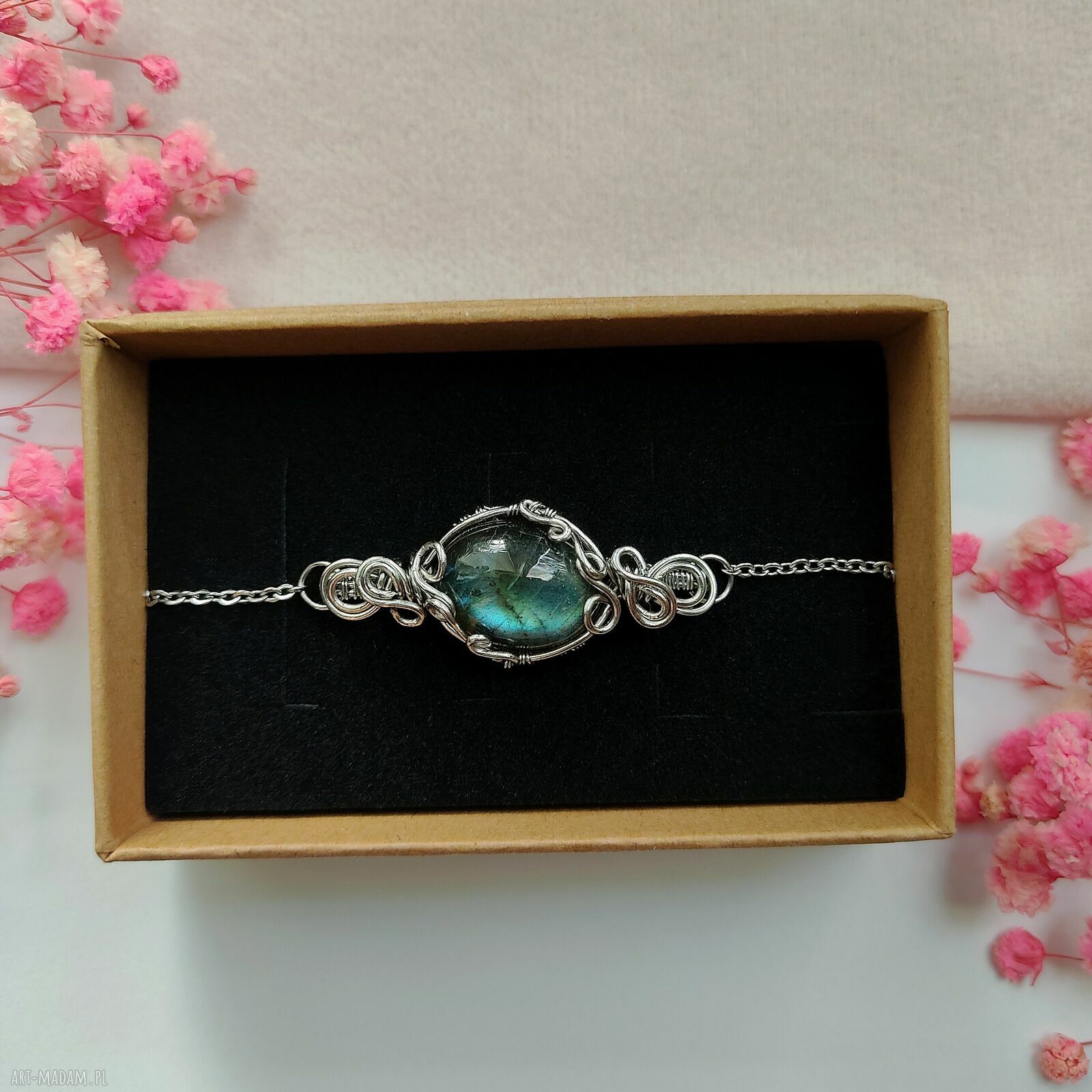 Bransoletka z labradorytem ze stali chirurgicznej - handmade wire wrapping