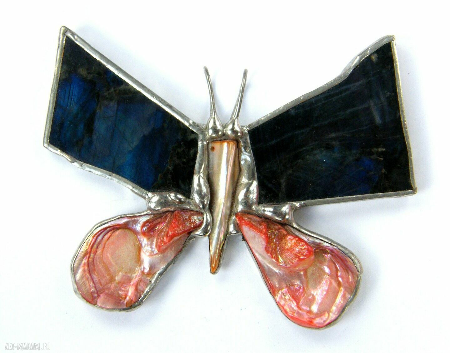 Labradorytowy motyl - wisiorek z kamieni w technice Tiffany (9 x 7 cm)
