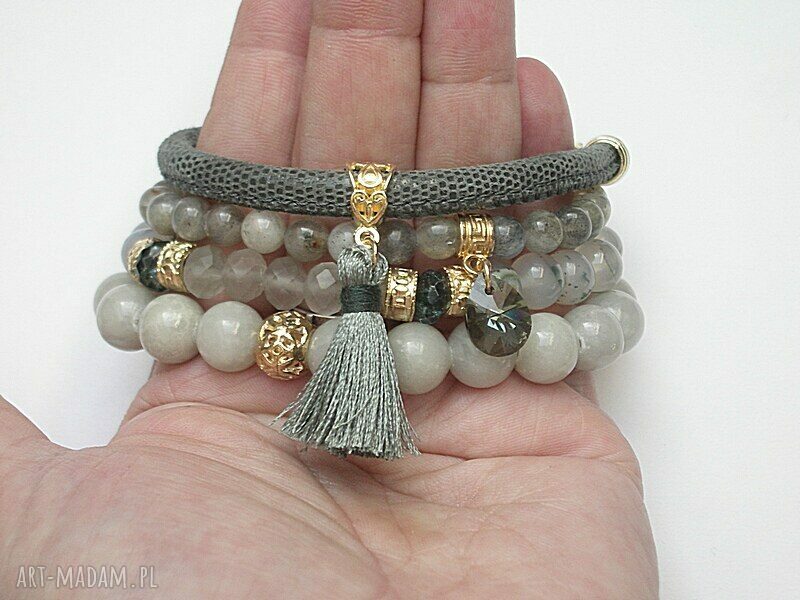 Komplet bransoletek Grey and Olive vol. 6 jadeit, labradoryt i Swarovski na rzemieniu (16 17 cm)