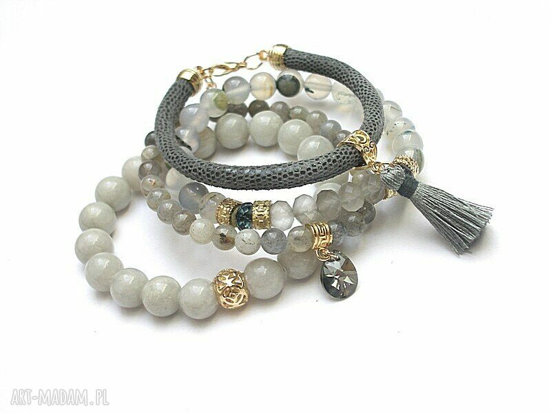 Komplet bransoletek Grey and Olive vol. 6 jadeit, labradoryt i Swarovski na rzemieniu (16 17 cm)
