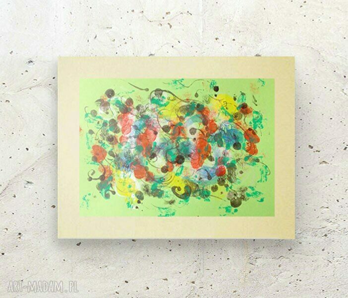Abstrakcja ręcznie malowana 30x40 cm w kolorach pomarańcz i zieleń