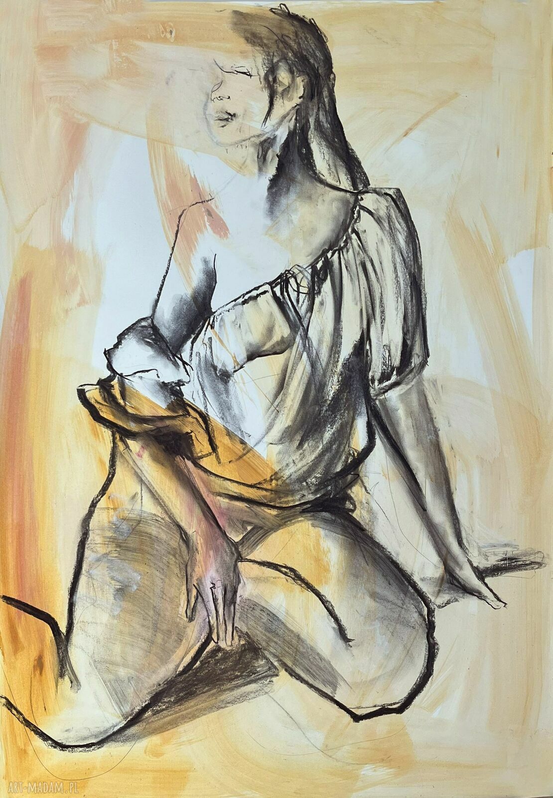 Lady - obraz kobieta 100x70 do sypialni w beżowo-szarej tonacji