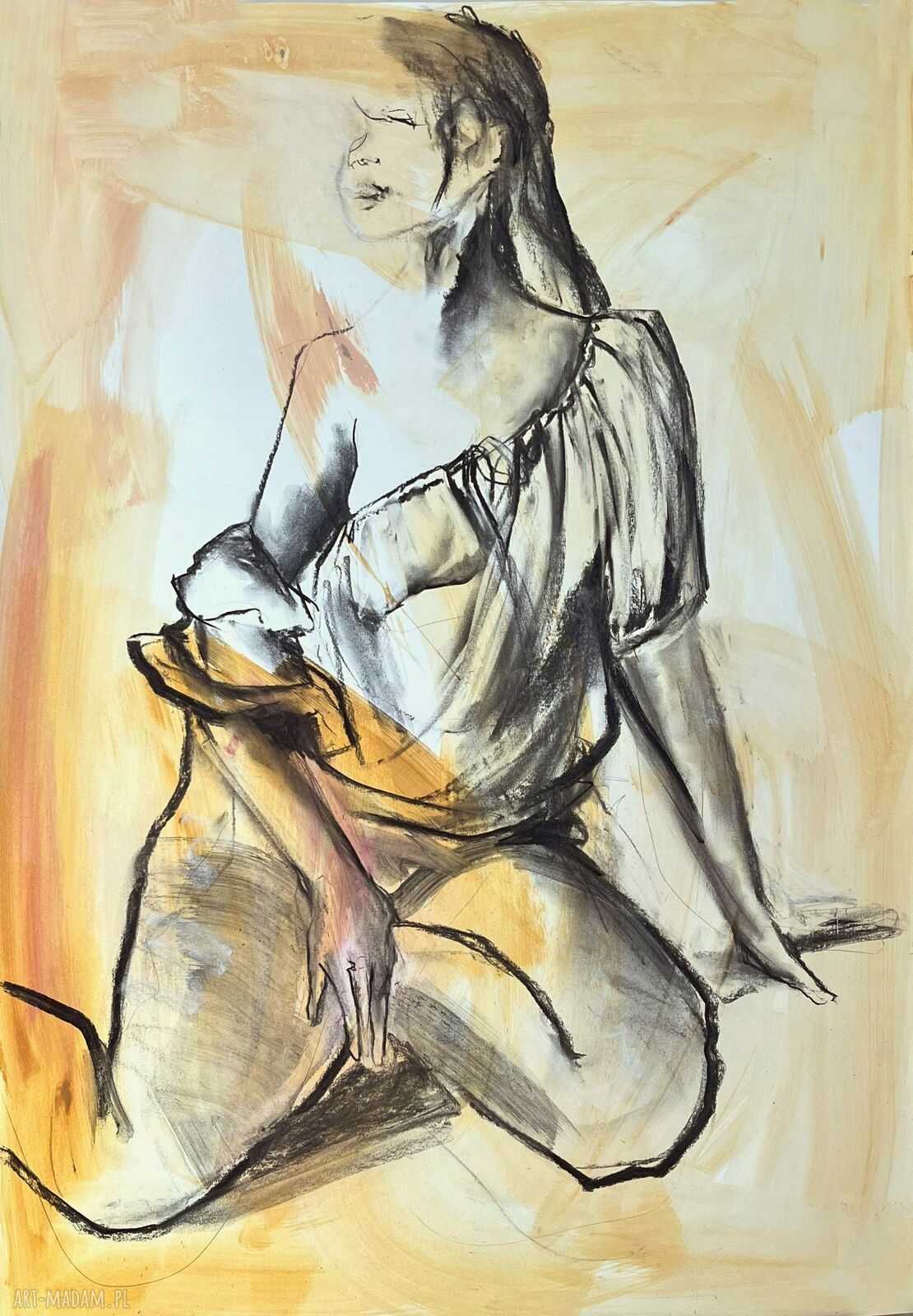 Lady - obraz kobieta 100x70 do sypialni w beżowo-szarej tonacji