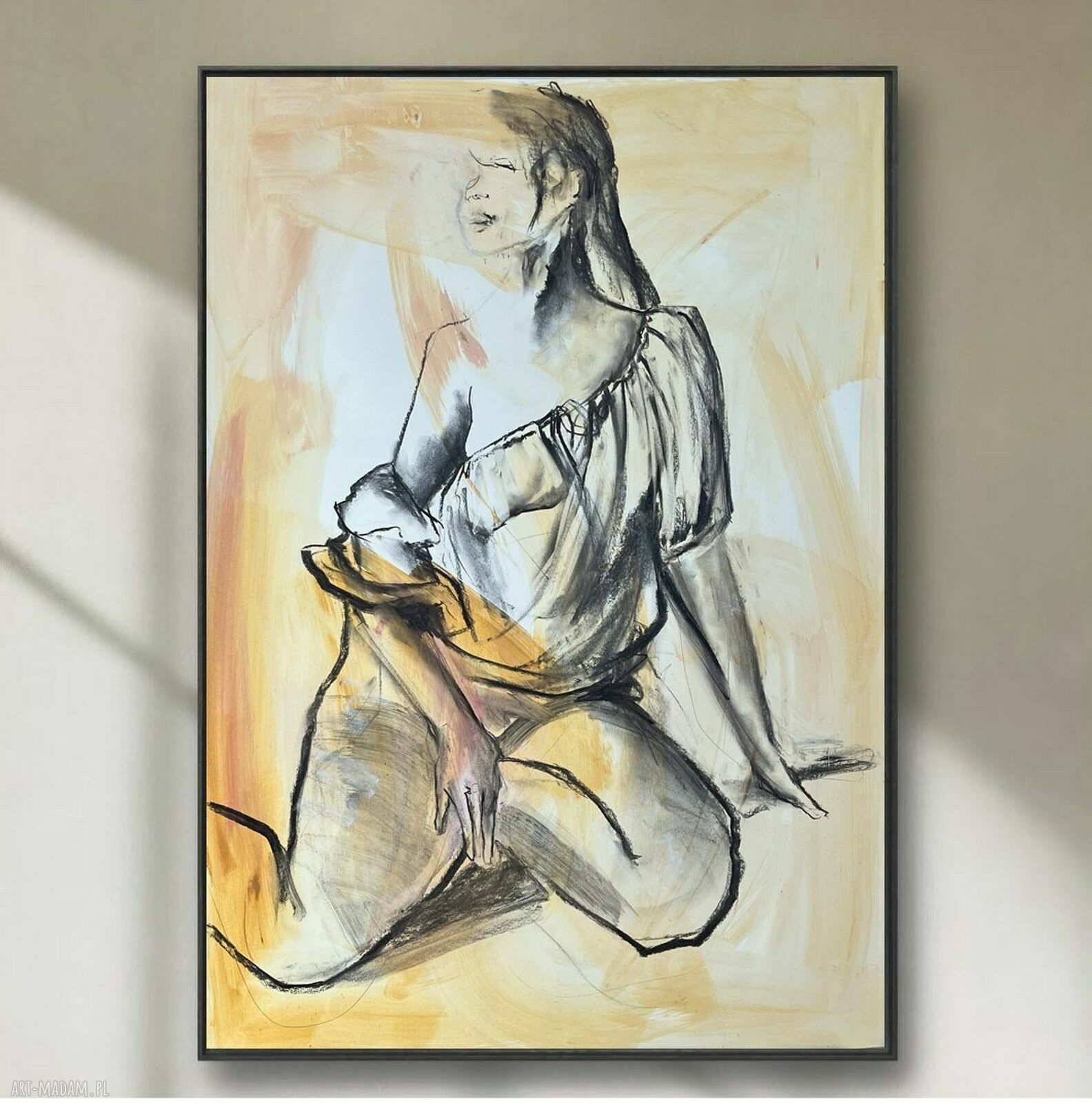 Lady - obraz kobieta 100x70 do sypialni w beżowo-szarej tonacji