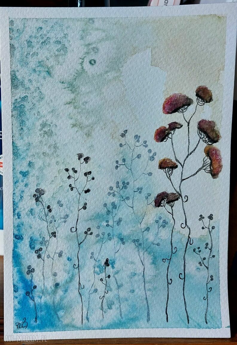 ŁĄKA - akwarela z kredkami Paulina Lebida (12,5 x 18 cm)