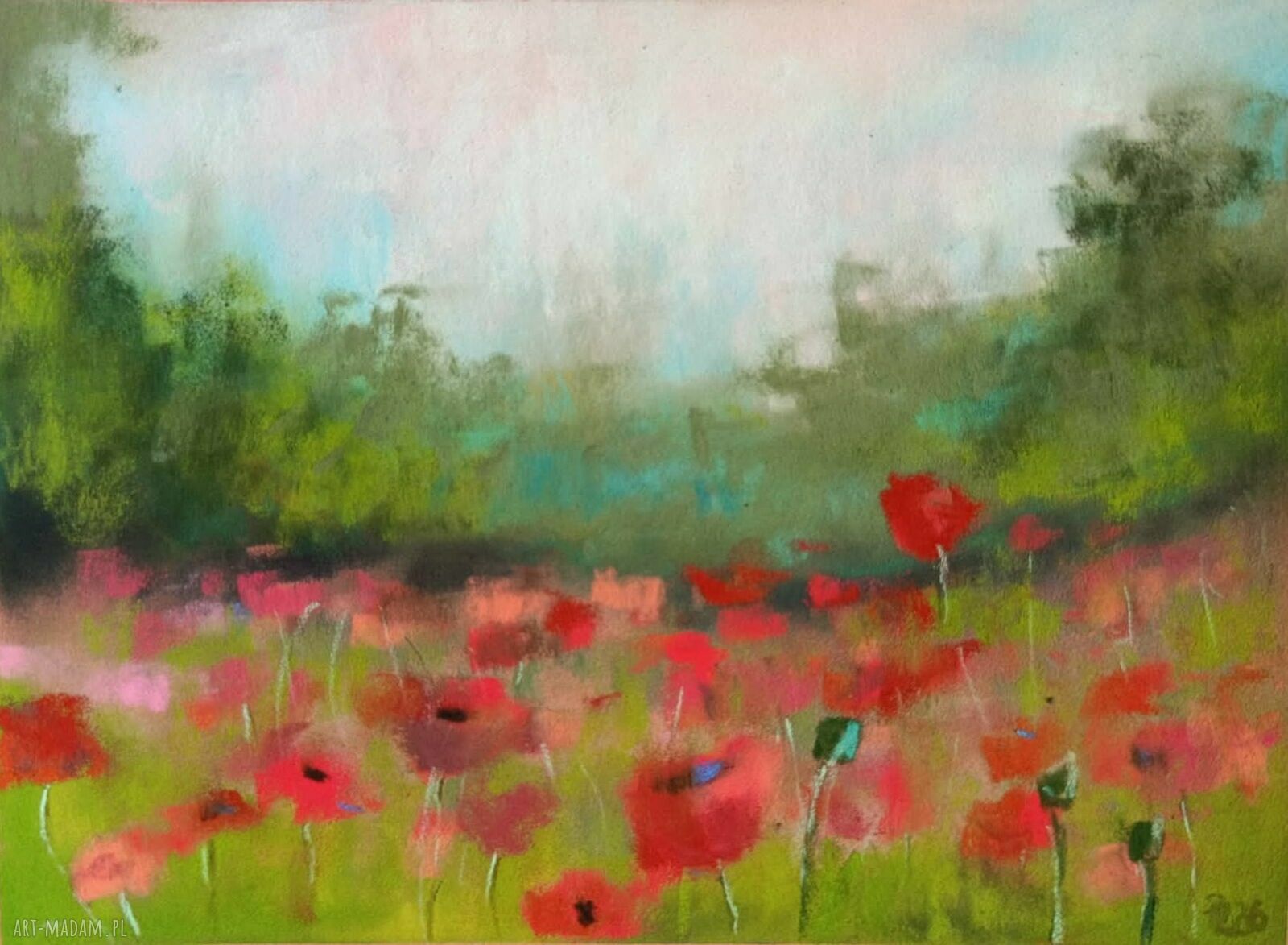 Łąka maków - rysunek pastelami suchymi 18x24 cm