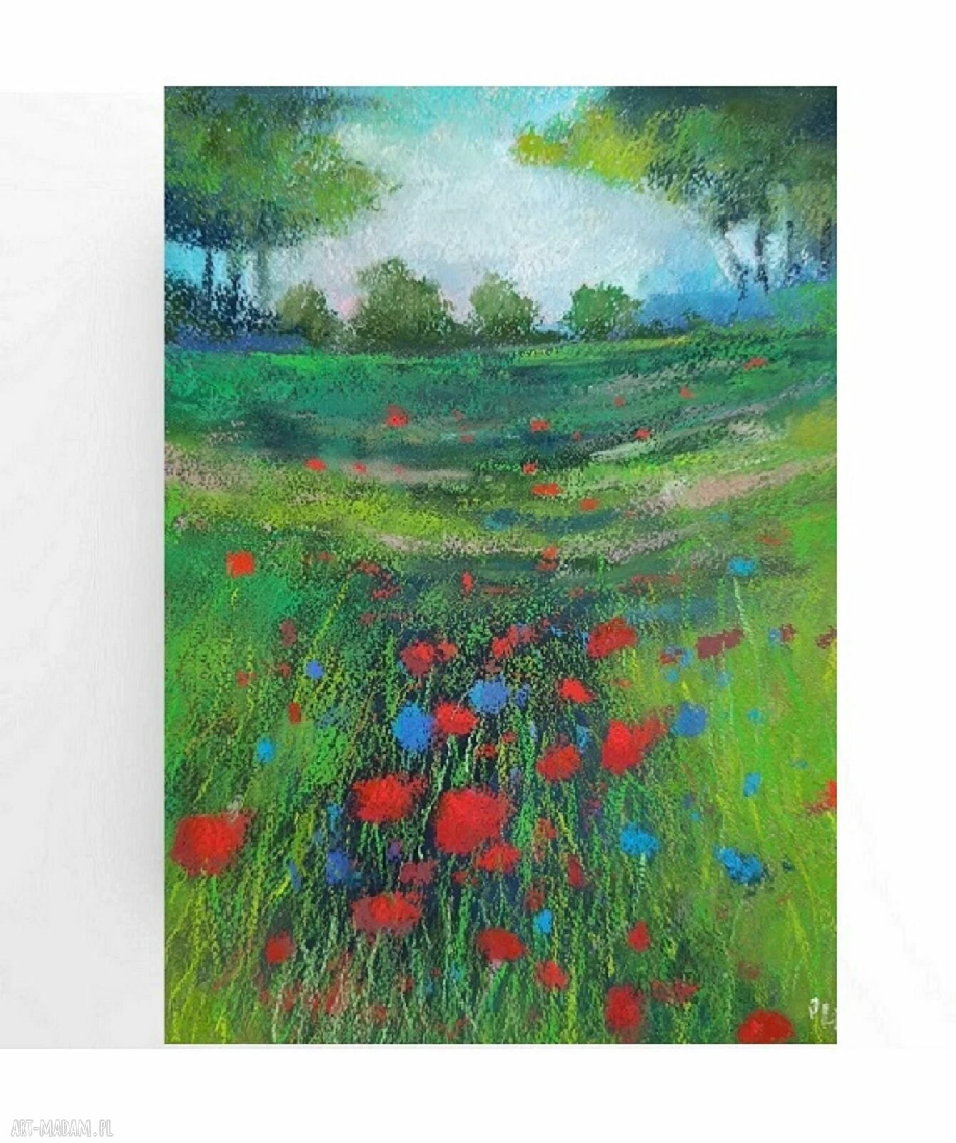 Łąka maków - oryginalny rysunek pastelami suchymi A4