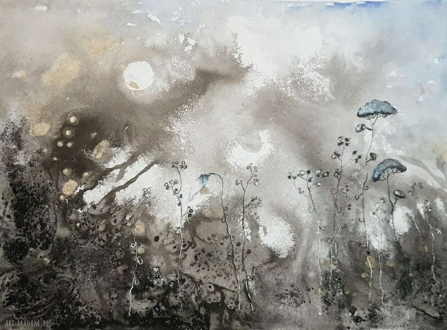 Łąka Nocą - akwarela 32x24 cm z trawami