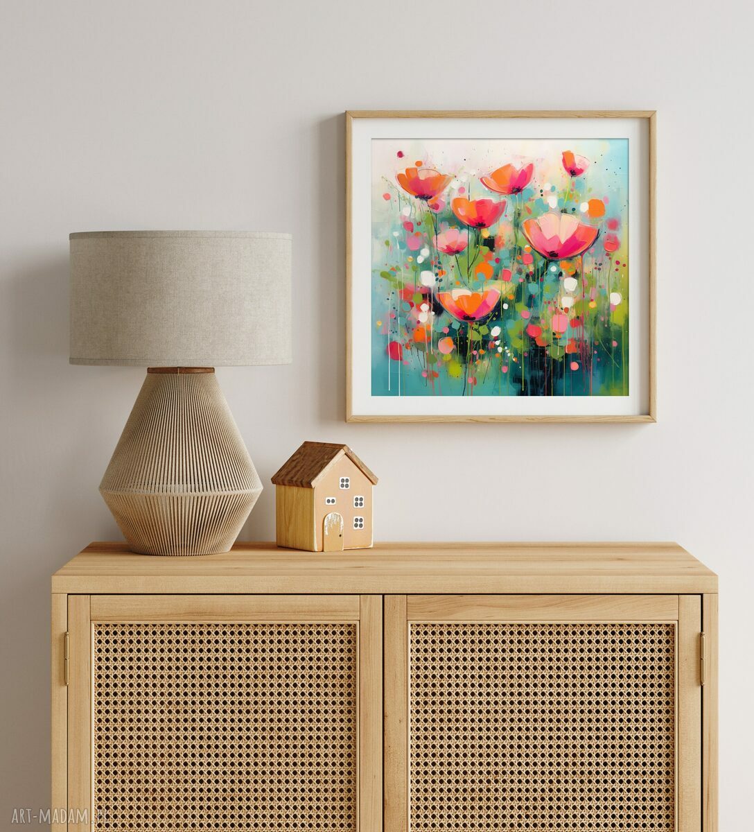 Obraz łąka kwietna - czerwone i pomarańczowe kwiaty 50x50 cm (giclee)