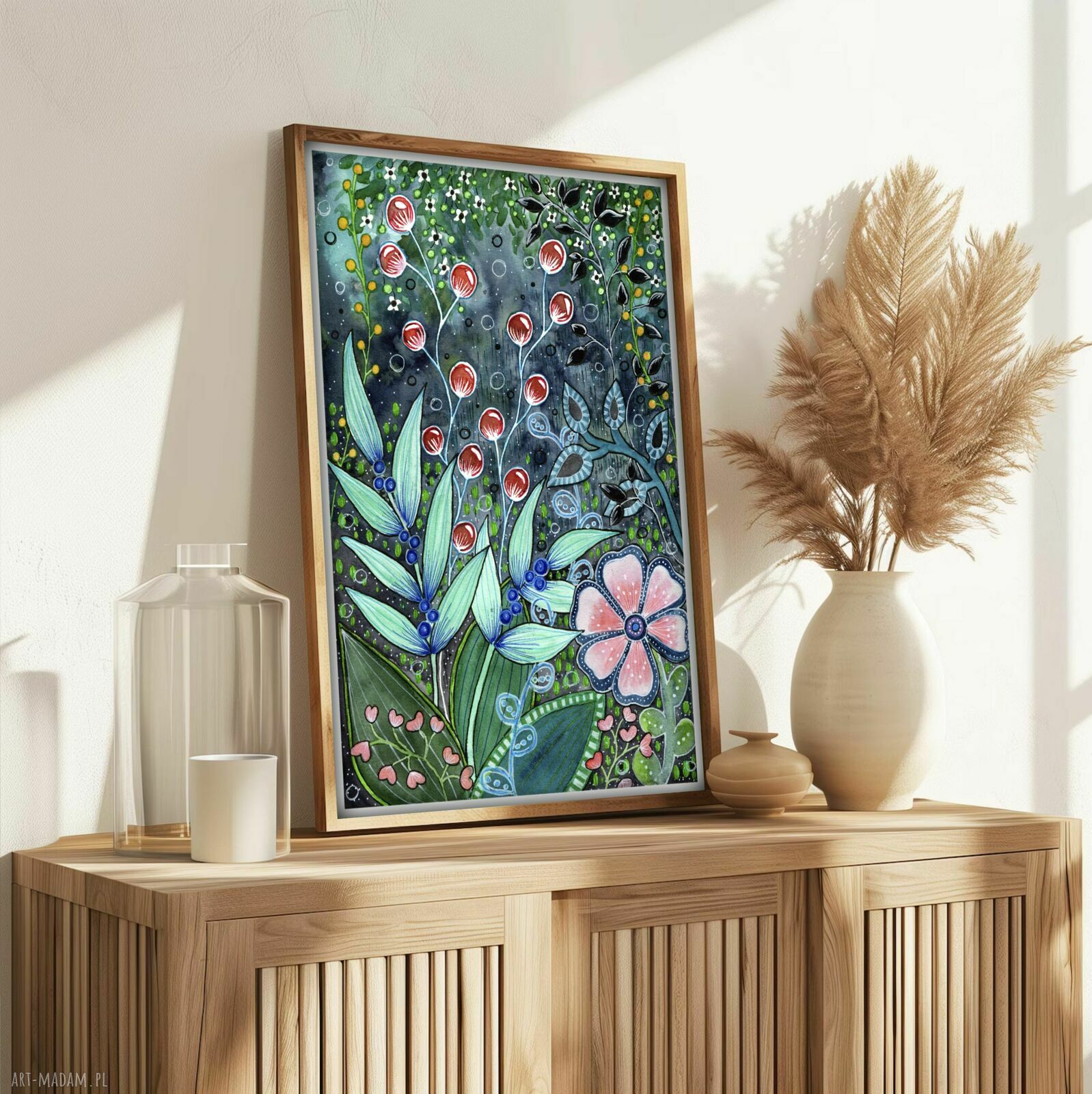 Plakat 50x70 „Łąka” - akwarelowe kwiaty w turkusowych barwach