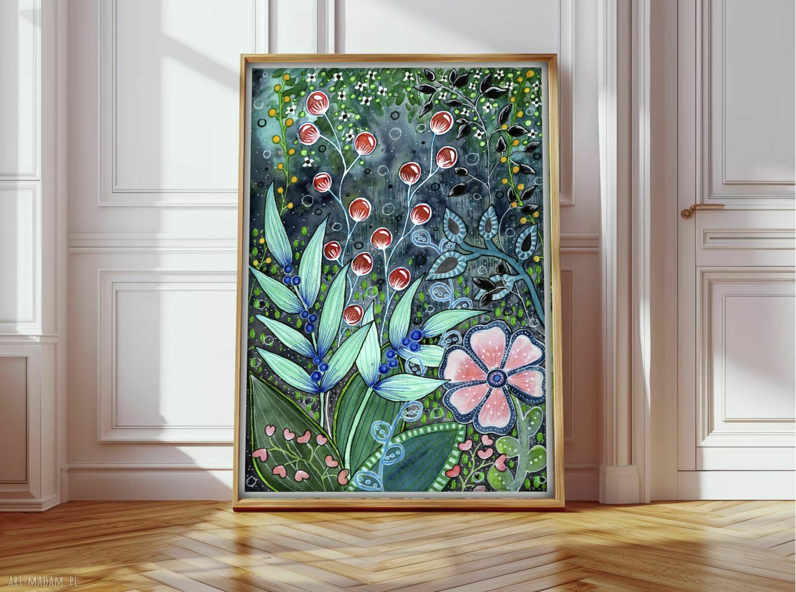Plakat 50x70 „Łąka” - akwarelowe kwiaty w turkusowych barwach
