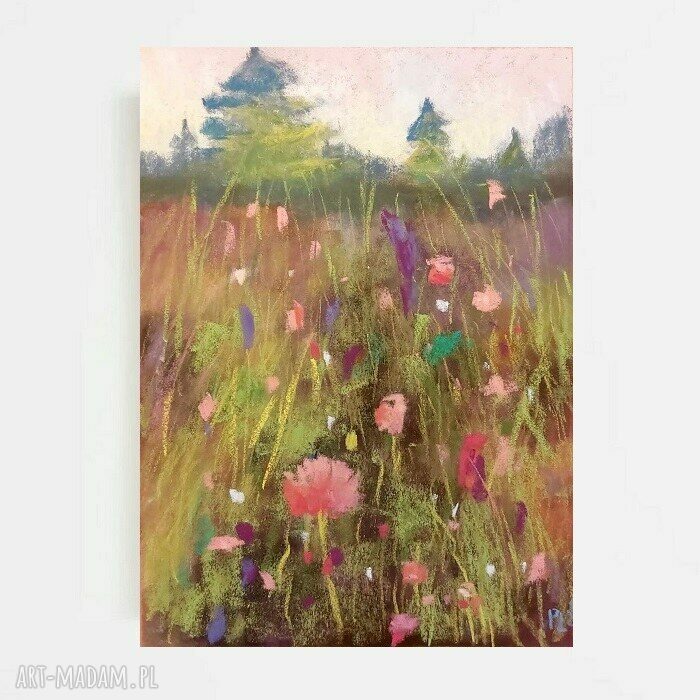 Pastelowa łąka - obraz 24/18 cm z suchych pasteli