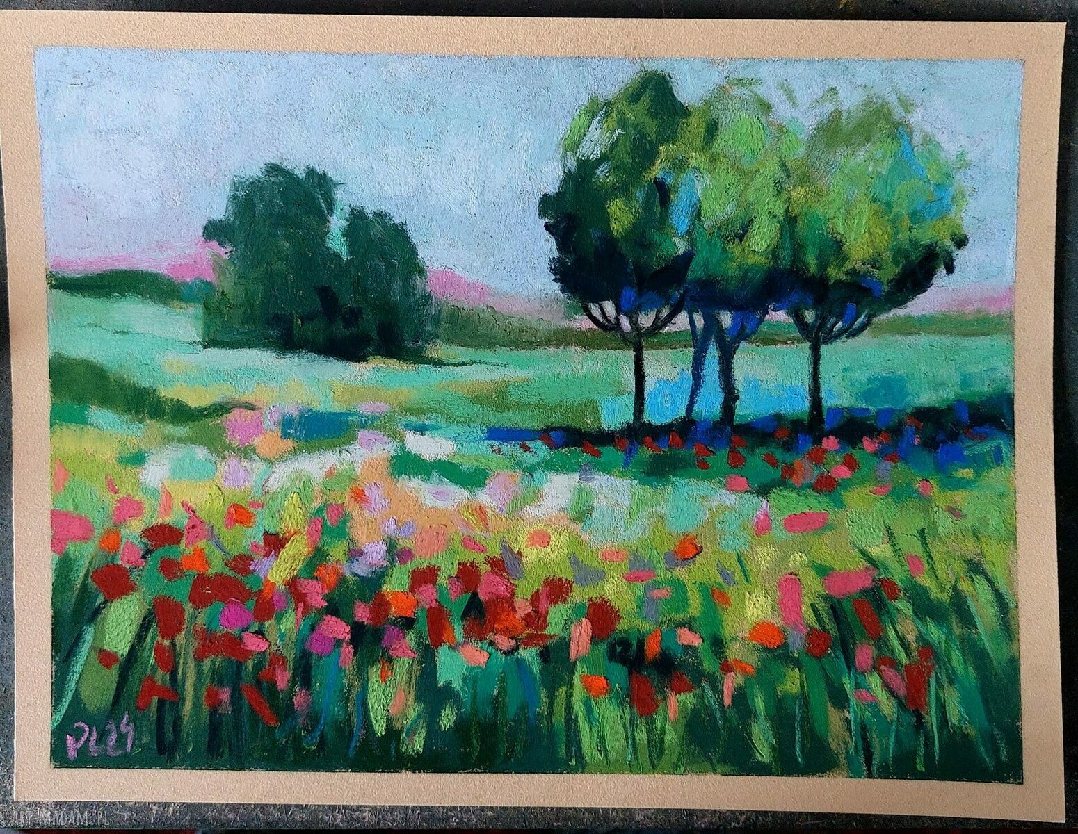 Łąka - obraz z pasteli suchych 18x24 cm (kwiaty i drzewa)