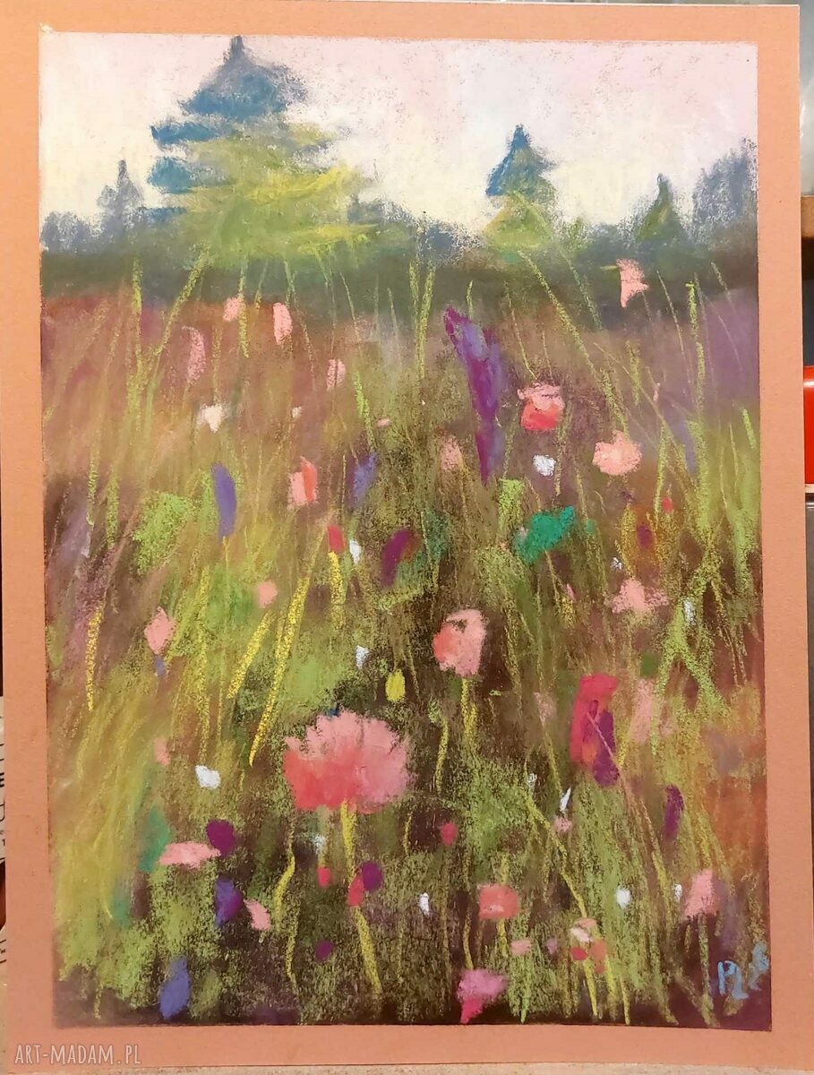 Pastelowa łąka - obraz 24/18 cm z suchych pasteli