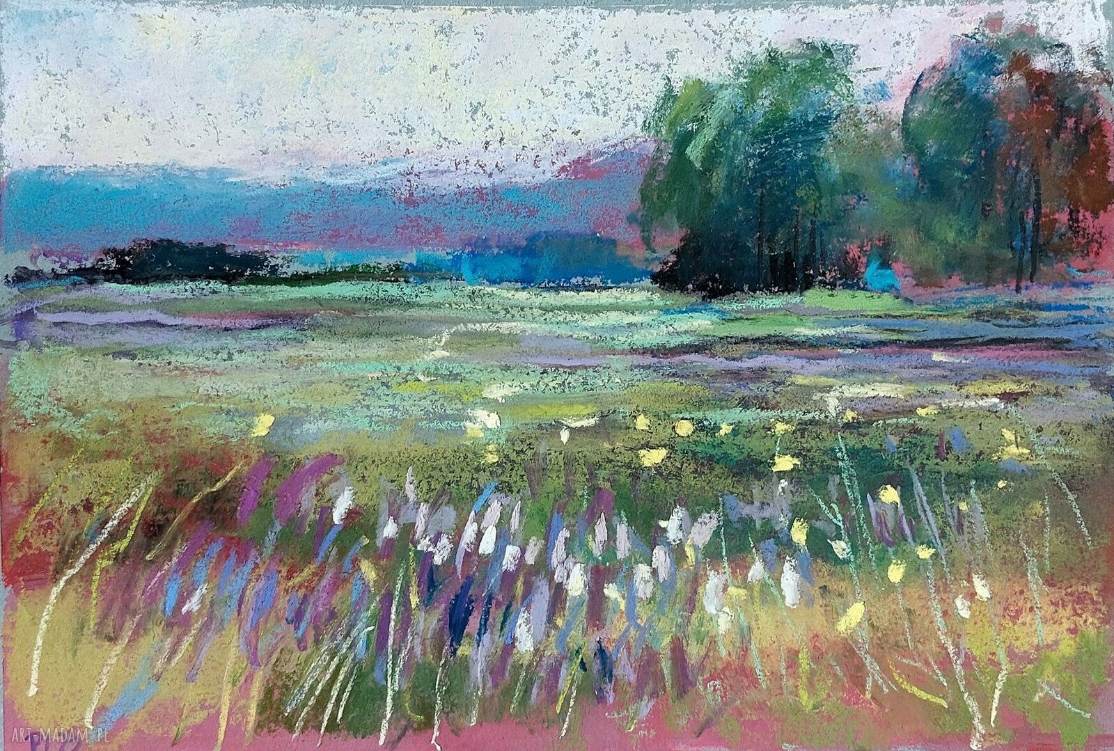 ŁĄKA - obraz z pasteli w ramie (pejzaż A5 27x22)