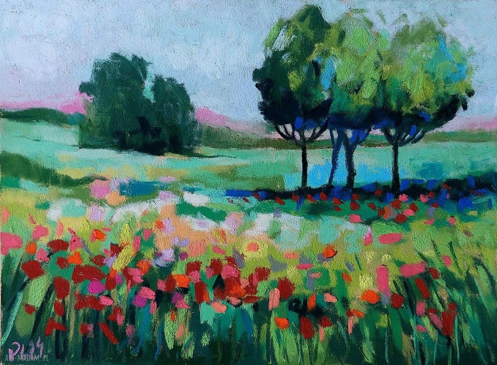 Łąka - obraz z pasteli suchych 18x24 cm (kwiaty i drzewa)