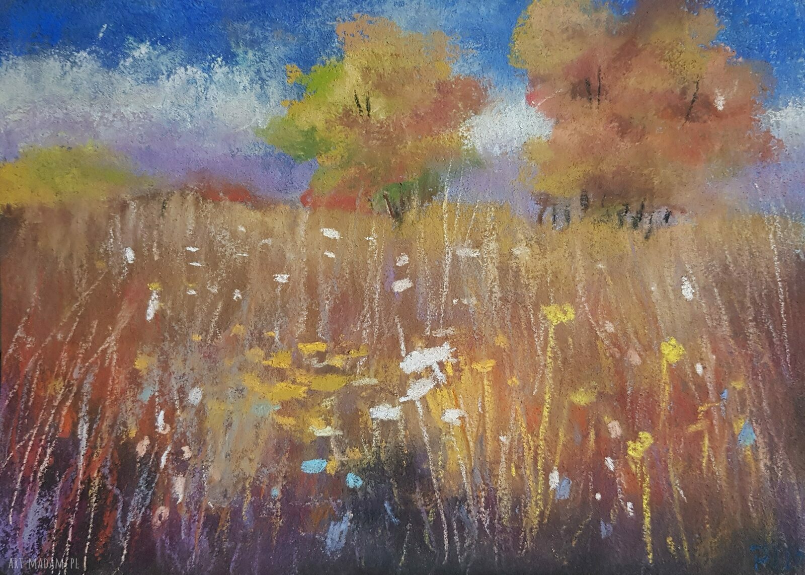 Łąka III - obraz pastelami A5, ręcznie wykonany