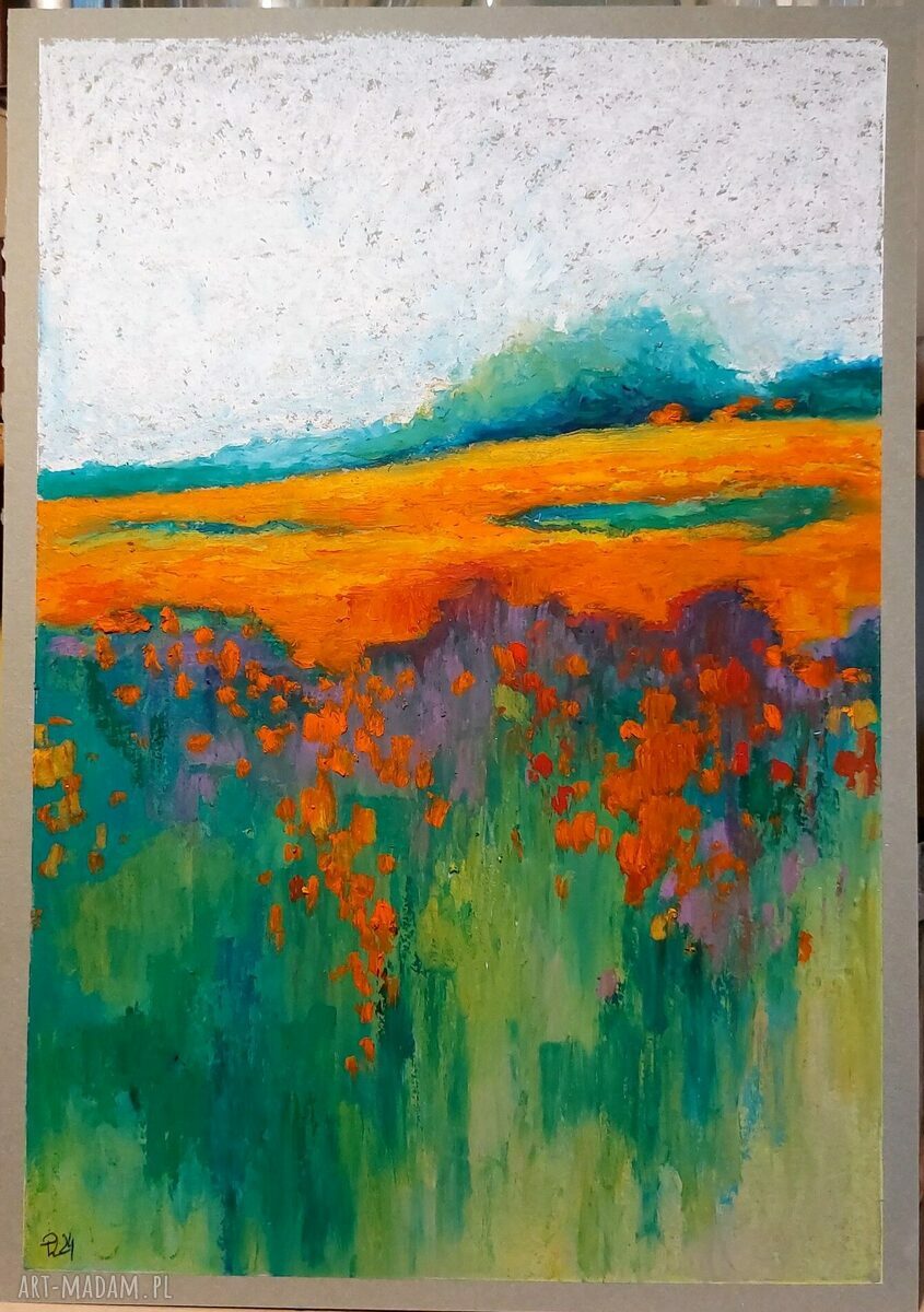 Łąka w pastelach olejnych - oryginalny rysunek A4