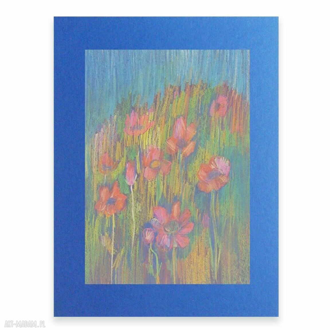 Łąka - ręcznie wykonany rysunek z pastelowymi kwiatami 30x40 cm (granatowe tło)