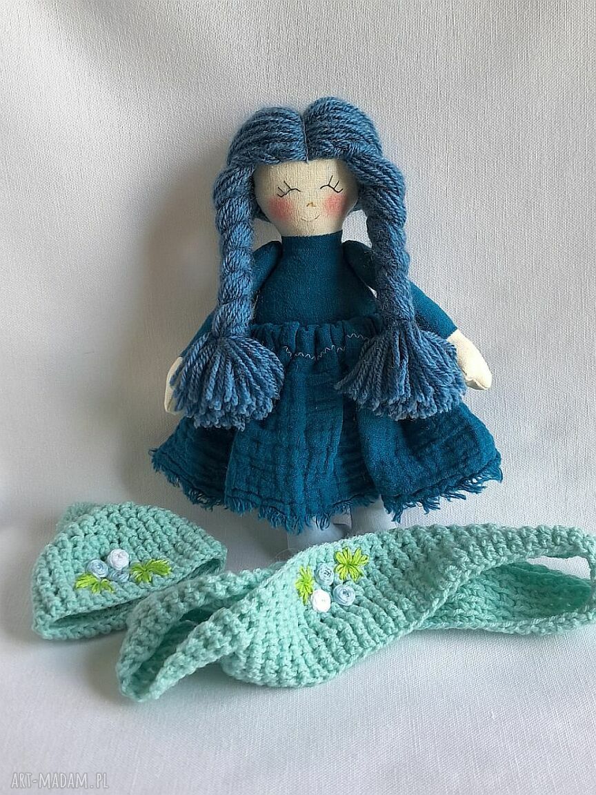 Niebieska laleczka Ewunia - ręcznie szyta przytulanka 23 cm