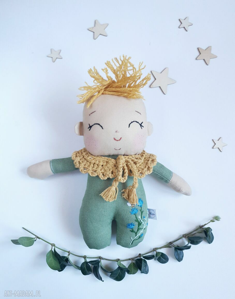 Lalka leśny skrzat Chaberek lniana przytulanka handmade 24 cm