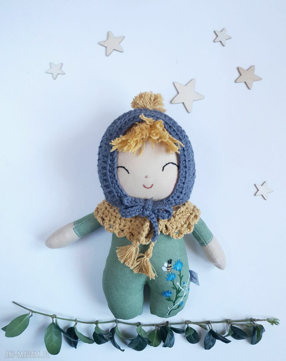 Lalka leśny skrzat Chaberek lniana przytulanka handmade 24 cm