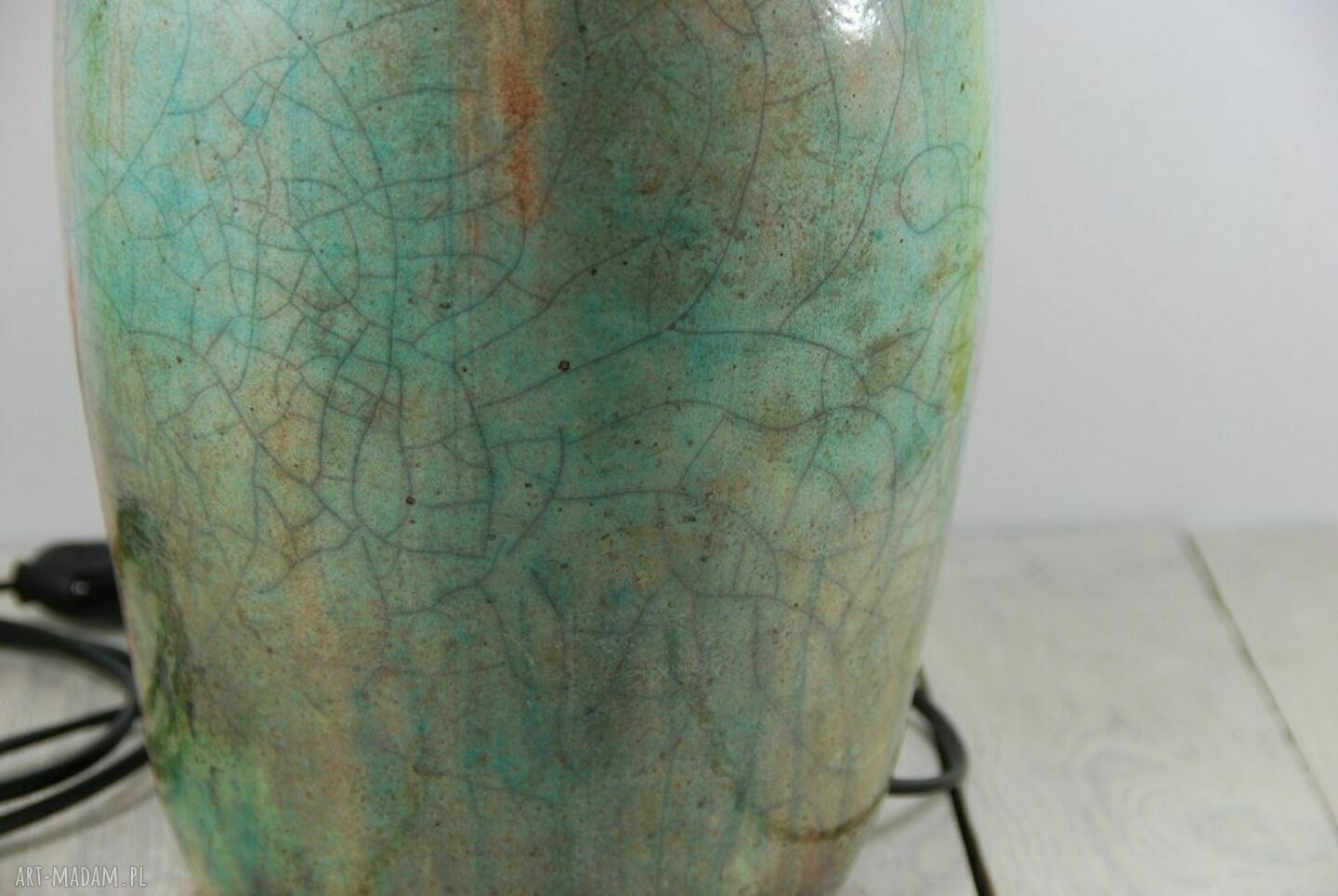 Lampa ceramiczna raku - ręcznie robiona lampa stołowa w kolorach turkusu i zieleni
